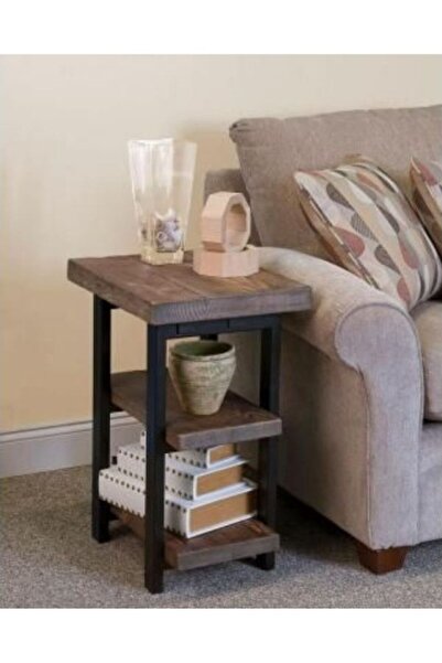 Doffo Julie 3 Raflı Masif Doğal Ahşap Yan Sehpa