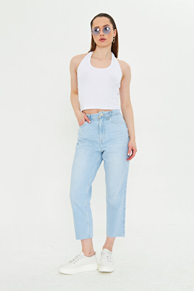 Kutaf Light Blue Mom Molded Leg Cut-Out Jeans