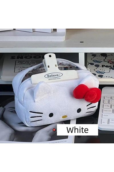 BANDAI White HelloKitty Sanrio Plush Pen Bag Anime Figure Girl Pencil Case Cartoon Large Capacity Student