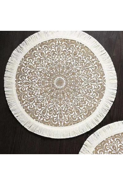Choice Primary Color 1 Piece Of Jute Fabric Dining Mat, Modern Geometric Pattern Tassel Edge Round Table Pa