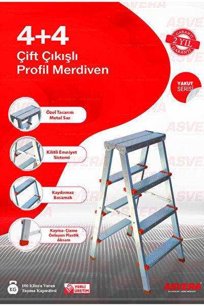 ASVERA Yakut Serisi 4 4 Basamaklı Çift Çıkışlı Galvanizli Profil Merdiven (EV, BAHÇE, IŞYERİ IÇİN UYGUN)
