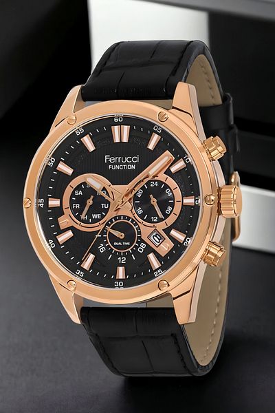 Ferrucci Black-Rose Leather Cord Men's Wristwatch Fcf.13908Fk.05 Function Bracelet Zmfer155