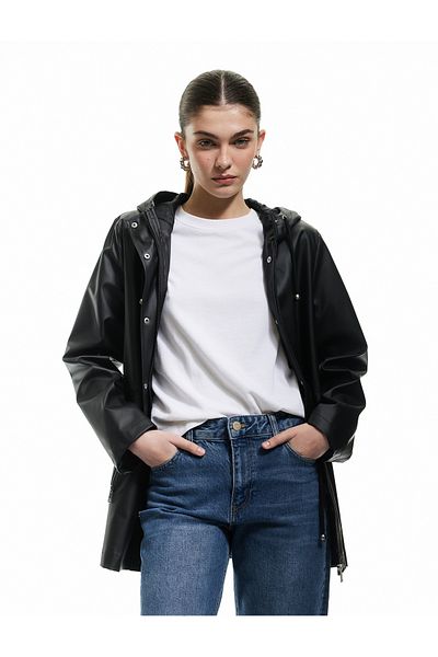 Koton Hooded Faux Leather Raincoat with Binding Detail and Zippered Pockets