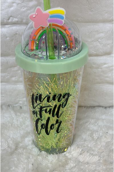 Zizu Colorful Mica Lighted Double Layer Glass Water Bottle with Straw 500 ml