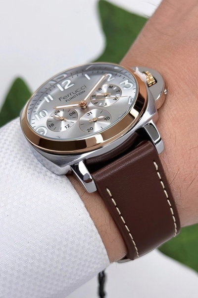 Ferrucci Function Leather Cord Men's Wrist Watch 3 Atm- Coffee-Rose with Bracelet Gift Zmfer162