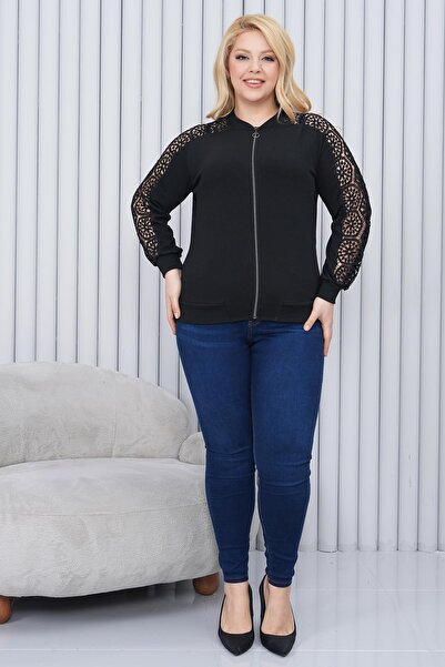 Siyezen Plus Size Lace Detailed Seasonal Cardigan