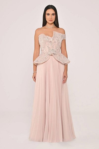 ALFABETA Single Off Shoulder Top Sequin and Stone Detailed Skirt Pleated Chiffon Long Dress