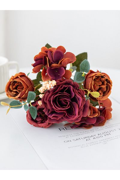 Choice Brown Artificial Flowers Retro Silk Rose Bouquet Hydrangea Peony Vintage Bride Holding Fake Plants H