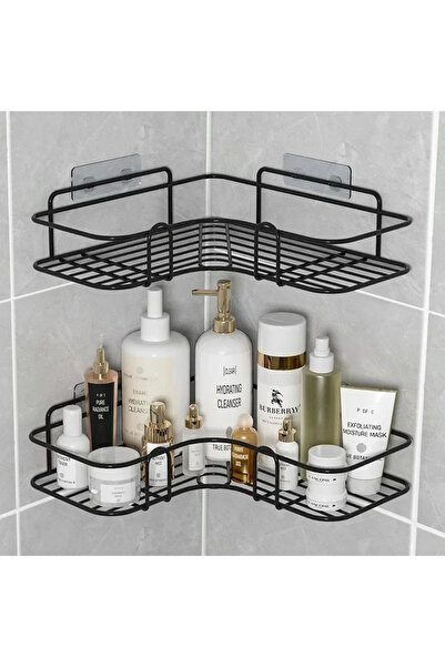 Choice رفوف تخزين زاوية الحمام باللون الأسود مكونة من قطعتين، رف مثبت على الح...