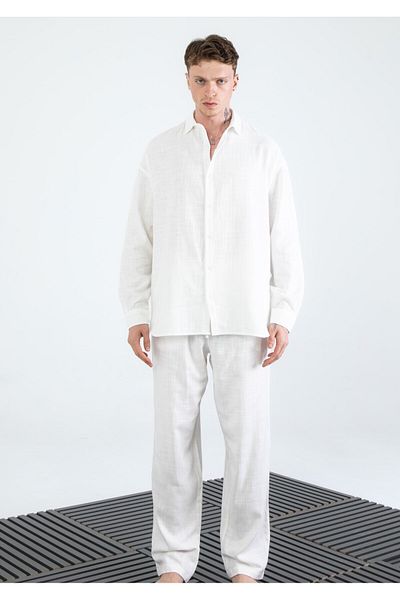 EGHO Men's Cotton Linen Blended Long Sleeve Shirt Pants Set