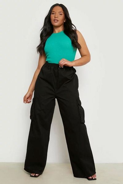 Şans Women's Large Size Black, Waist Complete Elastic, High Waist, Wide Leg Cargo Pants 65N38748