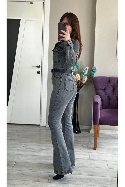 VOSEM BUTİK Women's Gray Denim Jumpsuit with Pockets and Straps