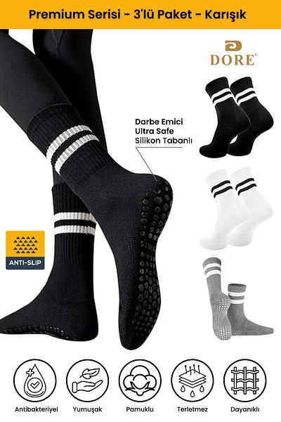 Dore Unisex 3 ζευγάρια αντιολισθητικές κάλτσες Pilates & Yoga - Μαύρο Λευκό Γκρι