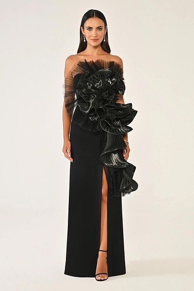 ALFABETA Strapless Pleated Accessory Crepe Long Dress