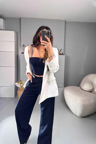 Sohotique By P Contrast Stripe Waist Detailed Trousers Navy