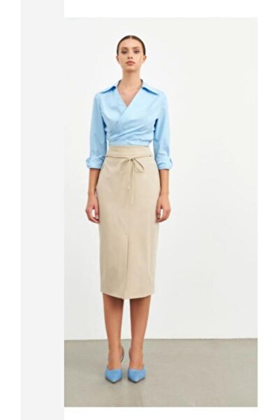 Kupa Kızı Mar de Moda Beli Bağlama Detaylı Bej Rengi Kalem Etek