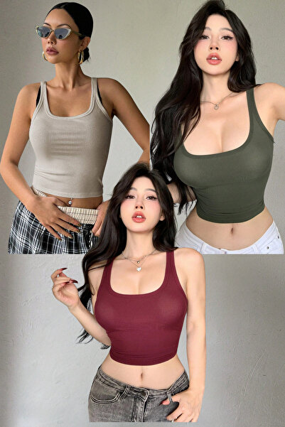 MADALİNA Kadın 3lü Bordo Bej Haki Geniş Askı Kaşkorse Bluz