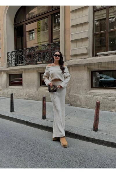 NZL TEKSTİL Madonna Collar Women's Knitting Long Skirt Suit