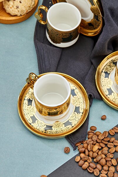 Cooker Luxurious Set of 6 Gold Gilded Porcelain Coffee Cups – Stylish & Special Presentation & Gift
