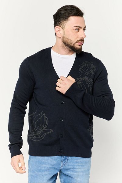 Perry Ellis Men V-Neck Long Sleeve Printed Cardigan, Navy