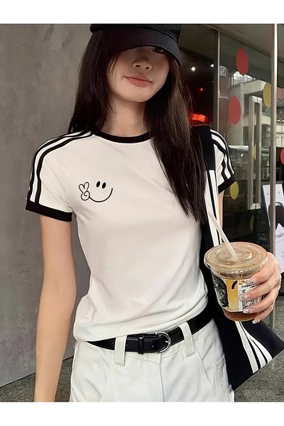 Touz Moda Crop Cut Smile εμπριμέ ριγέ λεπτομερές κορμάκι μπλούζας