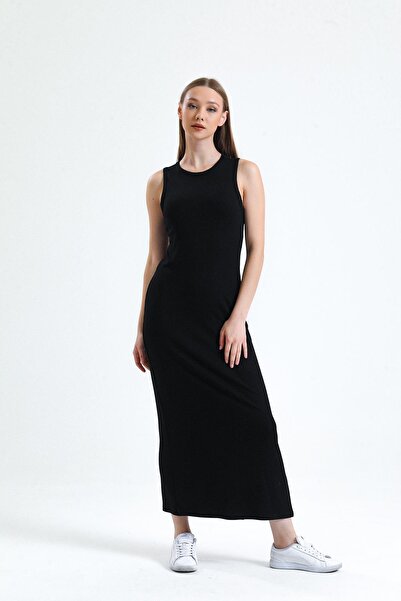 Miss Murem Kaşkorse Sıfır Kol Uzun Elbise - SİYAH