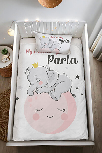 Homamia İsme Özel %100 Pamuk Bebek Nevresim Takımı Aydaki Fil