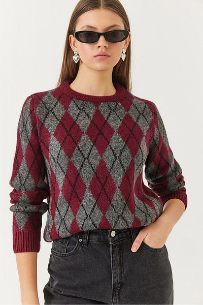 Bianco Lucci Pulover de damă cu decolteu rotund cu model Argyle 241192 60261036