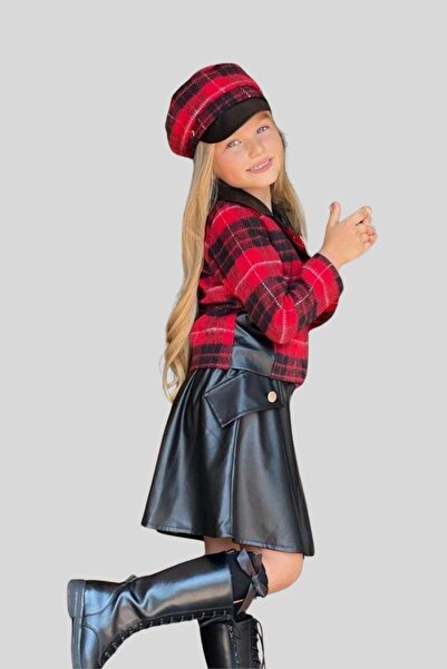 Turuncu Gardrop Ekose Ceket Deri Detay Şapkalı Kız Takım