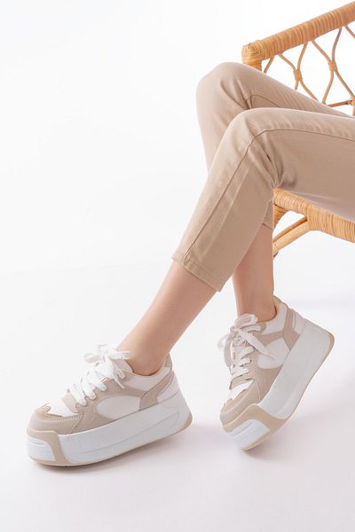 SEEM & BE Pantofi sport pentru femei Tiger cu talpă înaltă bej-alb - pantofi sport