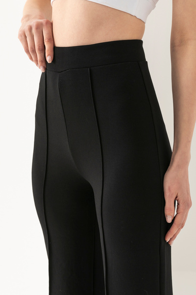 Warasiva Kadın Siyah Önü Nervürlü Geniş Kalıp Bol Paça Modal Kumaş Yüksek Bel Toparlayıcı Pantolon Tayt