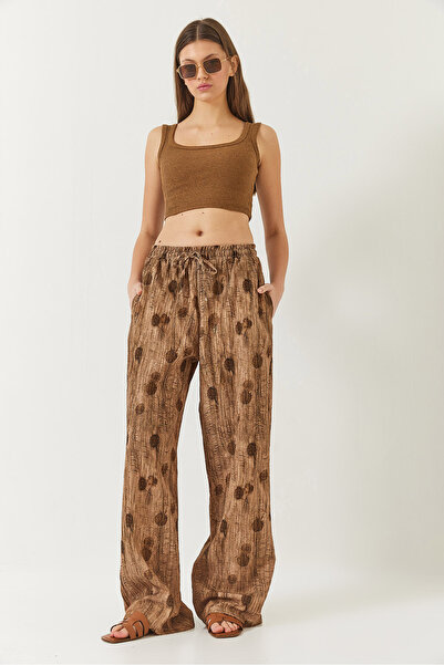 Bianco Lucci Γυναικείο ελαστικό παντελόνι μέσης με κορδόνι με λεπτομέρεια Palazzo 80167 60271064