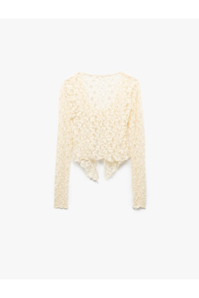 Koton Front Tie Detail See-Through Long Sleeve V-Neck Ruffle Lace Blouse