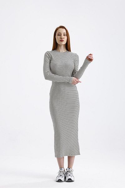 Miss Murem White Black Striped Long Sleeve Dress