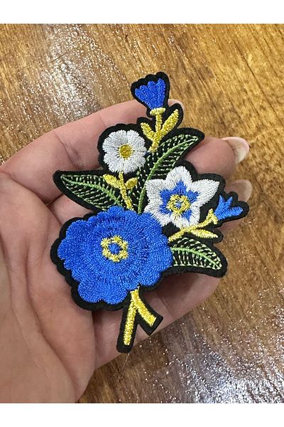 Gönülden Tasarım Iron-On Blue Embroidered Flower Coat Sewing Applique 10X6 cm