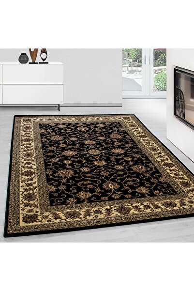 Pixel Klasik İran Tarzı Çerçeveli Antialerjik Tozsuz Siyah Sarı Bej Oturma Odası Salon Halısı