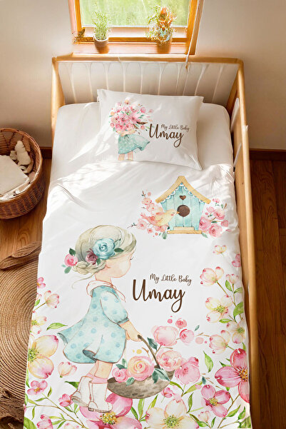 Homamia İsme Özel %100 Pamuk 100x200 Montessori Nevresim Takımı Çiçekli Kız