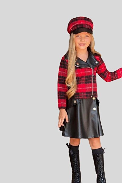 Turuncu Gardrop Ekose Ceket Deri Detay Şapkalı Kız Takım