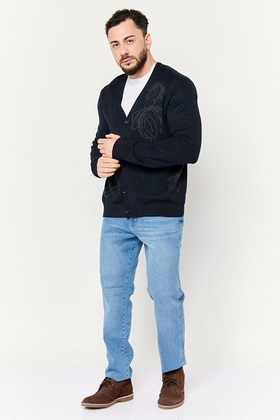 Perry Ellis Men V-Neck Long Sleeve Printed Cardigan, Navy