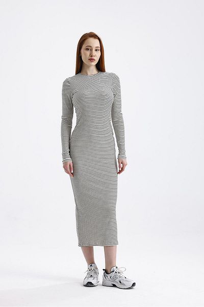 Miss Murem White Black Striped Long Sleeve Dress
