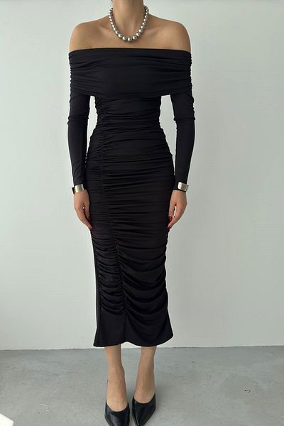 bayansepeti Black Sandy Fabric Wide Strapless Neckline Drawstring Detail Midi Evening Dress 305