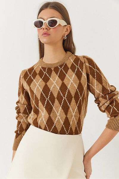 Bianco Lucci Women's Crew Neck Diamond Patterned Sweater 241192 60261036