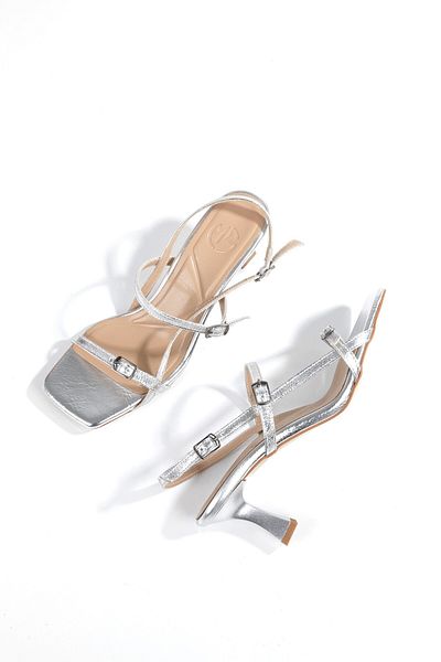 Modabuymus Sandale Minifilar Silver Lame Pantofi cu bretele subțiri cu toc scurt
