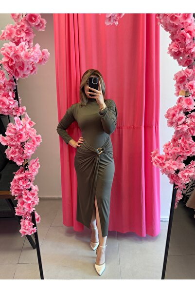 Minaboutiique Yırtmaçlı Haki Elbise