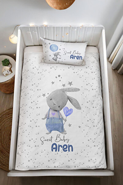 Homamia İsme Özel %100 Pamuk Bebek Nevresim Takımı Balonlu Tavşan