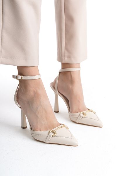 SEEM & BE Pantofi cu toc de damă bej cu curea cu cataramă Rosie -10 cm