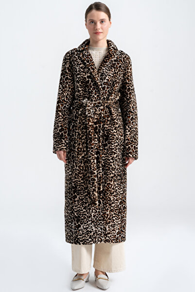 Lebeni Leopar Baskılı Kuzu Kürkü Kaban - Leopar Baskılı Shearling Palto