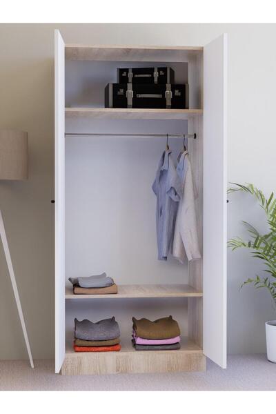 Detamob 2 Kapaklı Tek Kişilik Gardırop, %100 MDF Sonoma/Beyaz