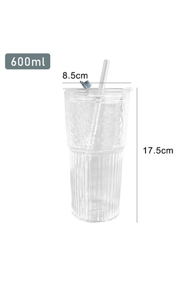 Choice 600ml 1pcs 2pcs 600ml Stripe Glass Cup With Lid And Straw Transparent Drinking Glasses For Juice Wat