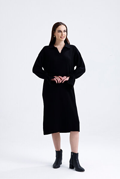 Askı Nişantaşı Black Crew Neck Hair Braided Knitwear Dress